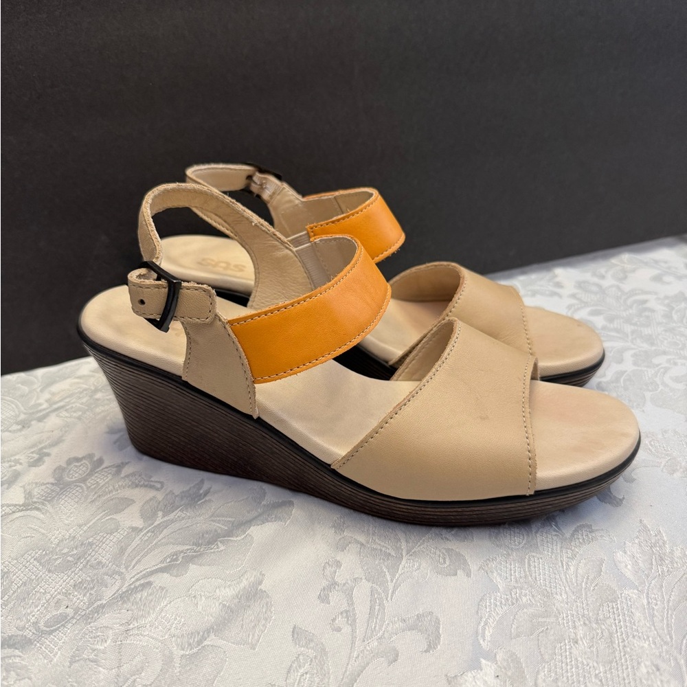 SAS Size 8N Heather Wedge Comfort Shoe Sandal Cappuccino‎ Orange Leather